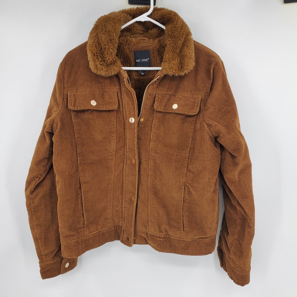 Me Jane Brown‎ Corduroy Jacket Faux Fur Lined Collar L Cowgirl Western Cottage